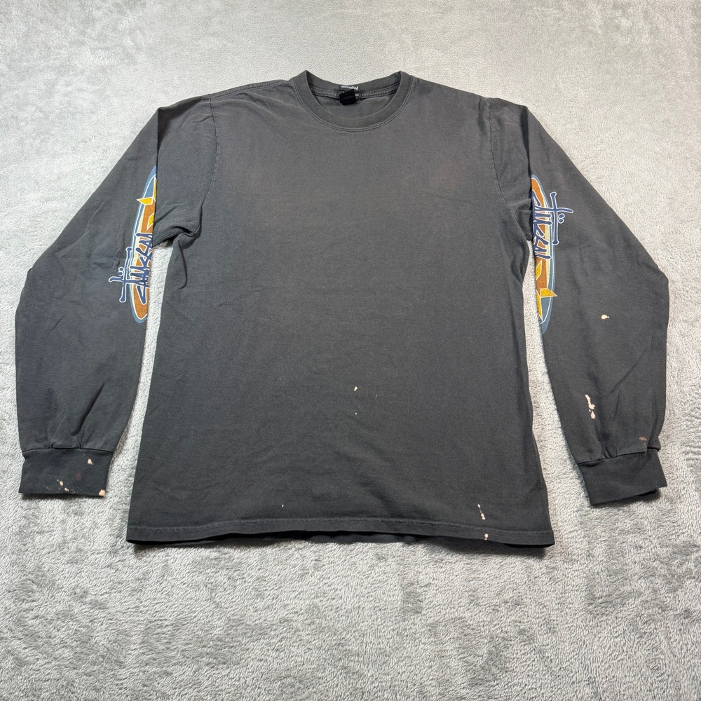 Stussy Two Star Long Sleeve T-Shirt Mens‎ Medium Black Graphic Sleeve Distressed